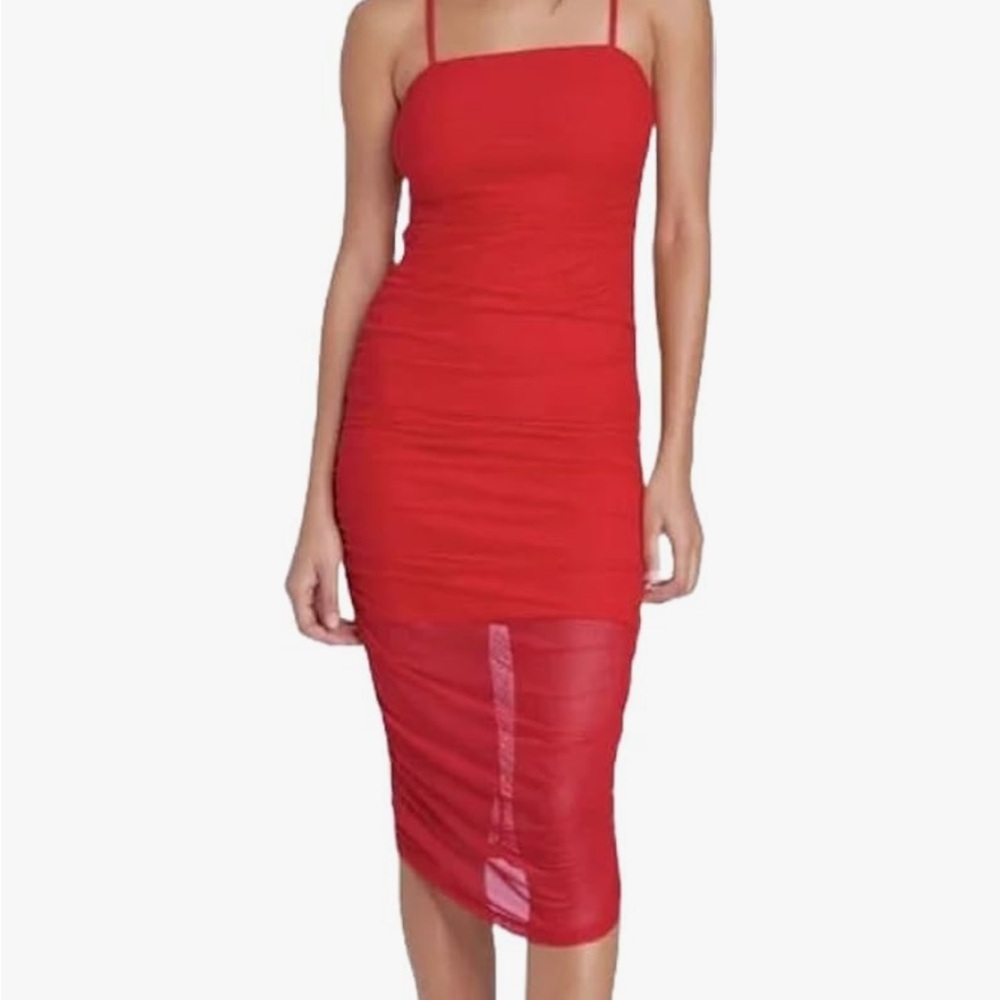 Wild Fable Women Elegant Red Spaghetti Strap Dress Ruched Mesh Dress Sheer M